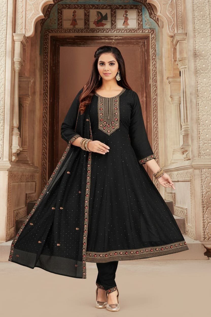 Shree Shanti Selection - Black Embroidered Anarkali Gown with Dupatta